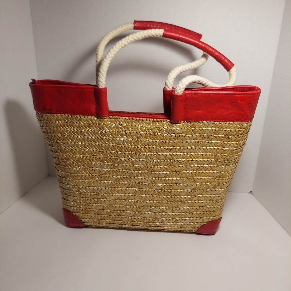Straw Studios Bags: Tote Red Anchor Appliqué Natural Straw Nautical Beach - Picture 11 of 13